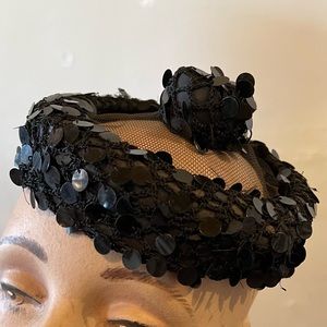 Authentic Vintage 1950’s Black Sequin PillBox Hat by “Emme Boutique”